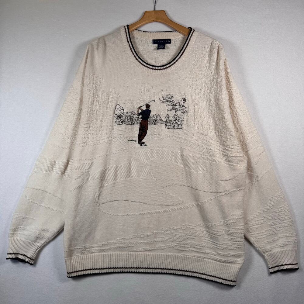 Vintage Pinnacle Knit Sweater Golfer Graphic Crewneck Textured Made in Usa 2XL